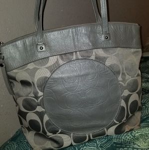 Coach silver gray big Cloth Canvas tote Leather